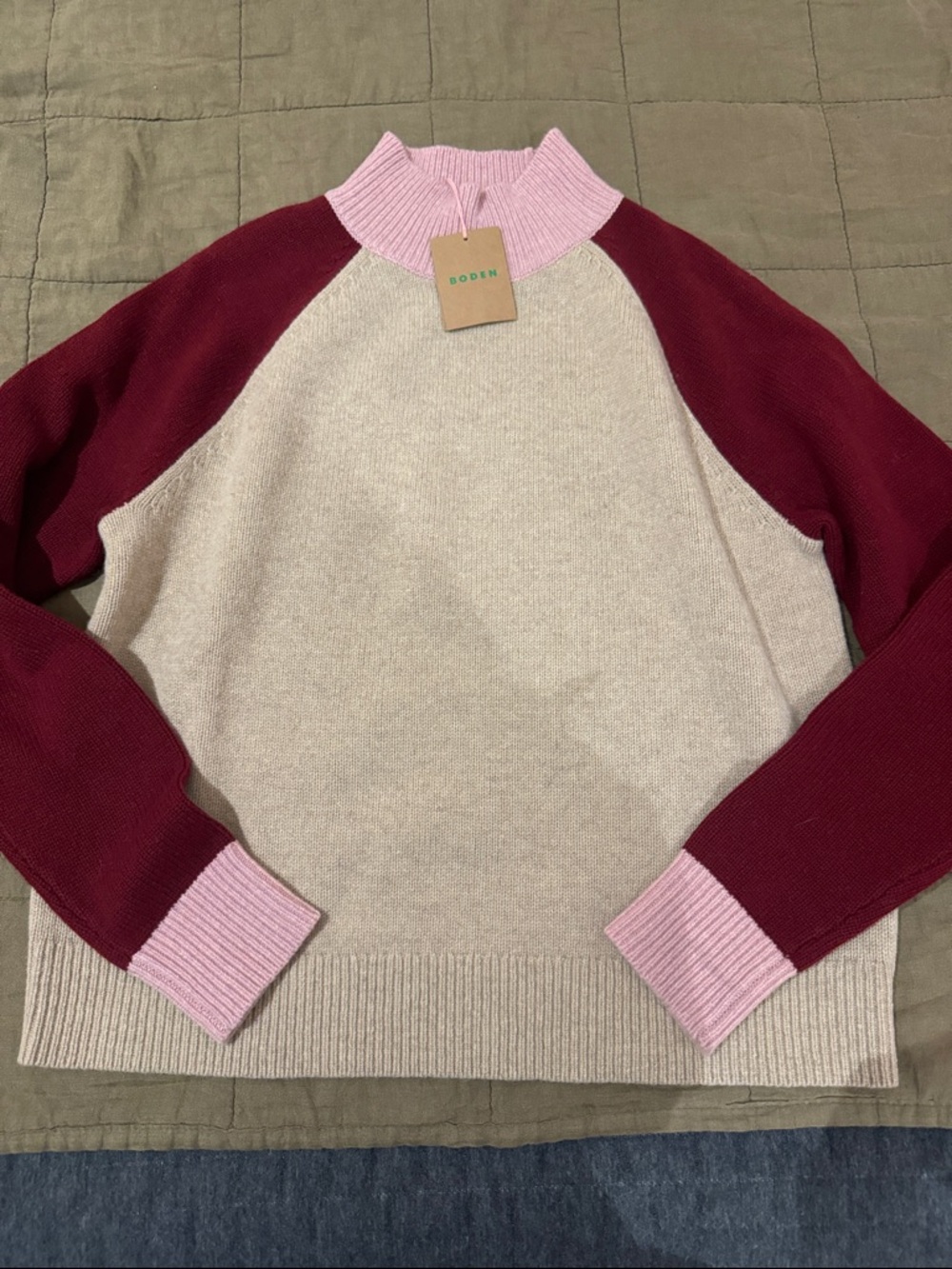 Boden Colorblock Cowl Neck Sweater in Cream, Burgundy & Pink
